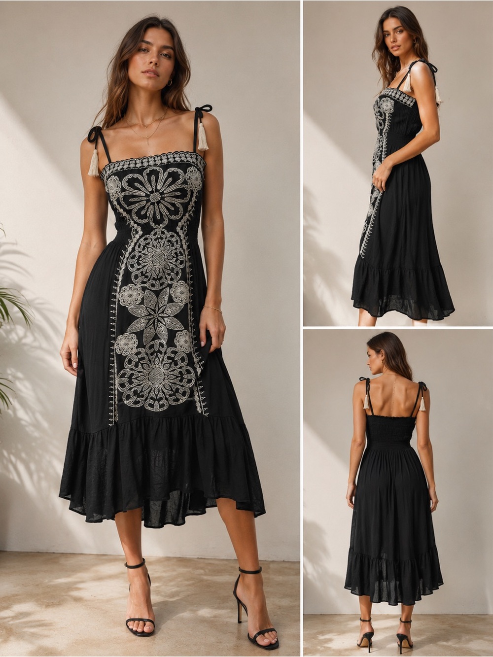 THML Black White Embroidered Smocked Midi Dress Tassel Straps rare